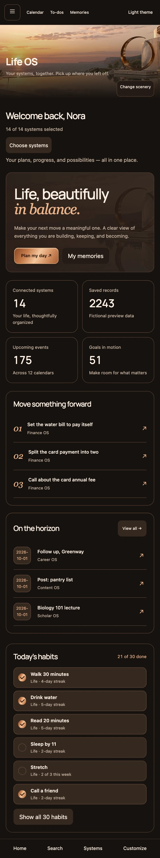 The Life OS overview on a phone, with the same sunset scenery